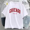 Camiseta con estampado gráfico de letras de la ciudad de Chicago, EE. UU., para mujer, de verano, informal, de manga corta, transpirable y fresca