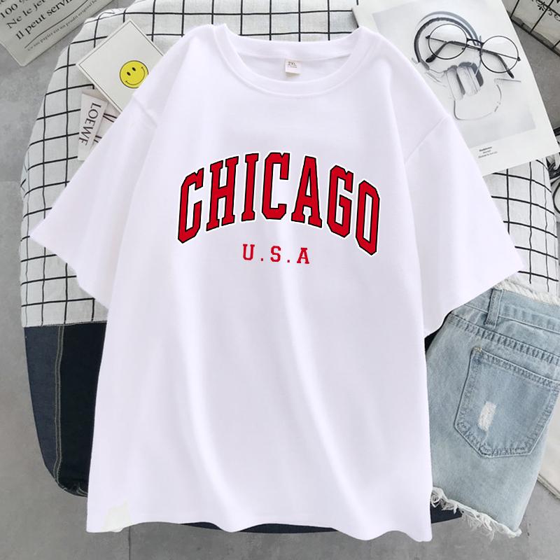 

Футболка с графическим принтом Chicago Usa City Letter, женская уличная летняя футболка, повседневная, большого размера, с коротким рукавом, дышащая, классная футболка 2XL