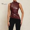 Moda damska kamizelka motocyklowa kołnierz z kołnierzykiem bez rękawów dekoracje na zamek błyskawiczny topy nieregularny brzeg rozciągliwy top ze sztucznej skóry