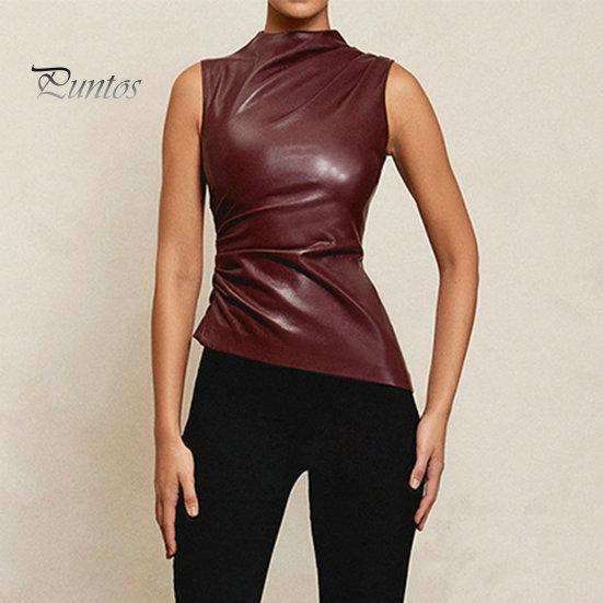 Moda damska kamizelka motocyklowa kołnierz z kołnierzykiem bez rękawów dekoracje na zamek błyskawiczny topy nieregularny brzeg rozciągliwy top ze sztucznej skóry