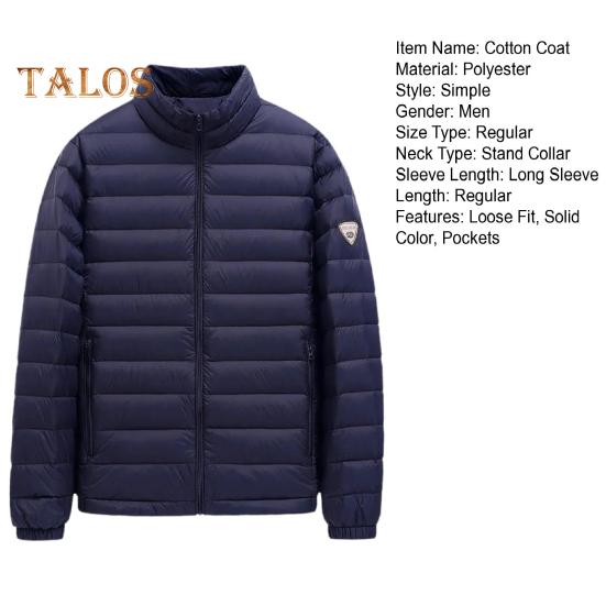 Men Cotton Coat Stand-Up Collar Long Sleeve Solid Color Quilted Jacket with Pockets Winter Lightweight Short Outwear