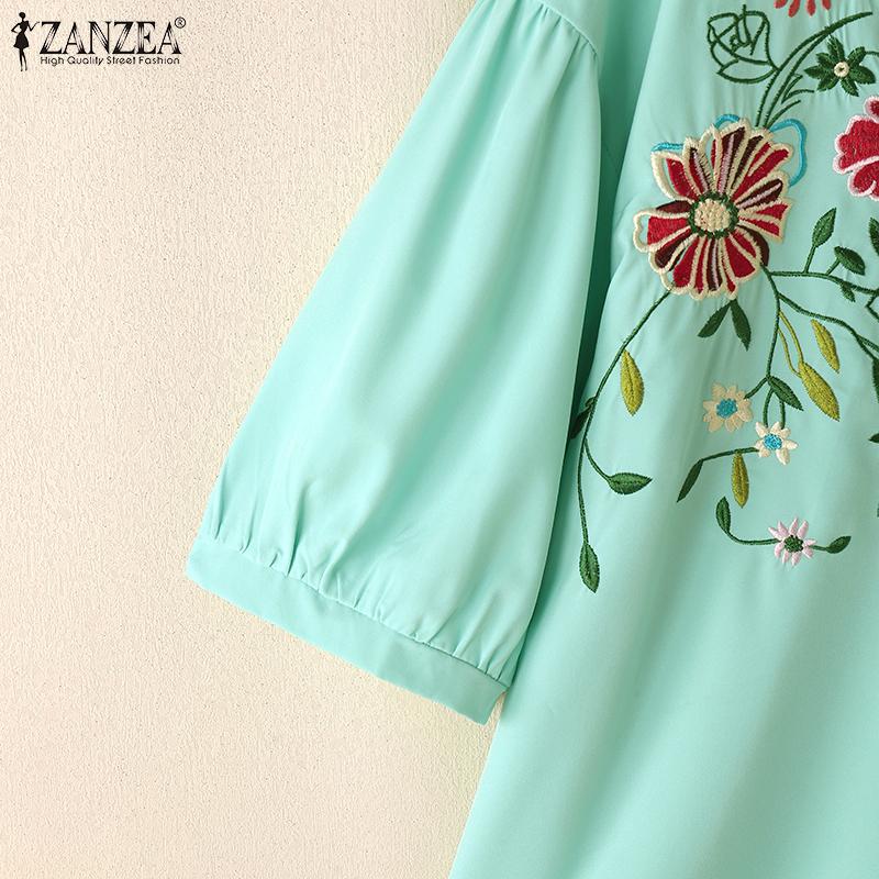ZANZEA Women Summer V-Neck 3/4 Sleeve Loose Floral Embroidery Blouse