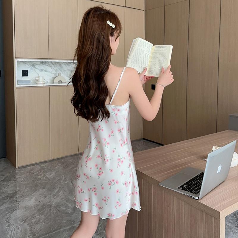 Pajamas summer new thin floral pure wind sweet cute loungewear suspender collar sexy ice silk pajamas