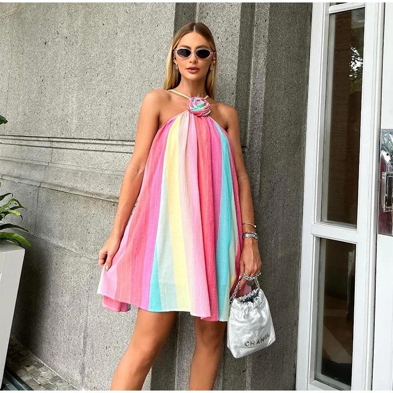 Цветное полосатое платье-халтер для женщин с 3D-цветком — фото 3