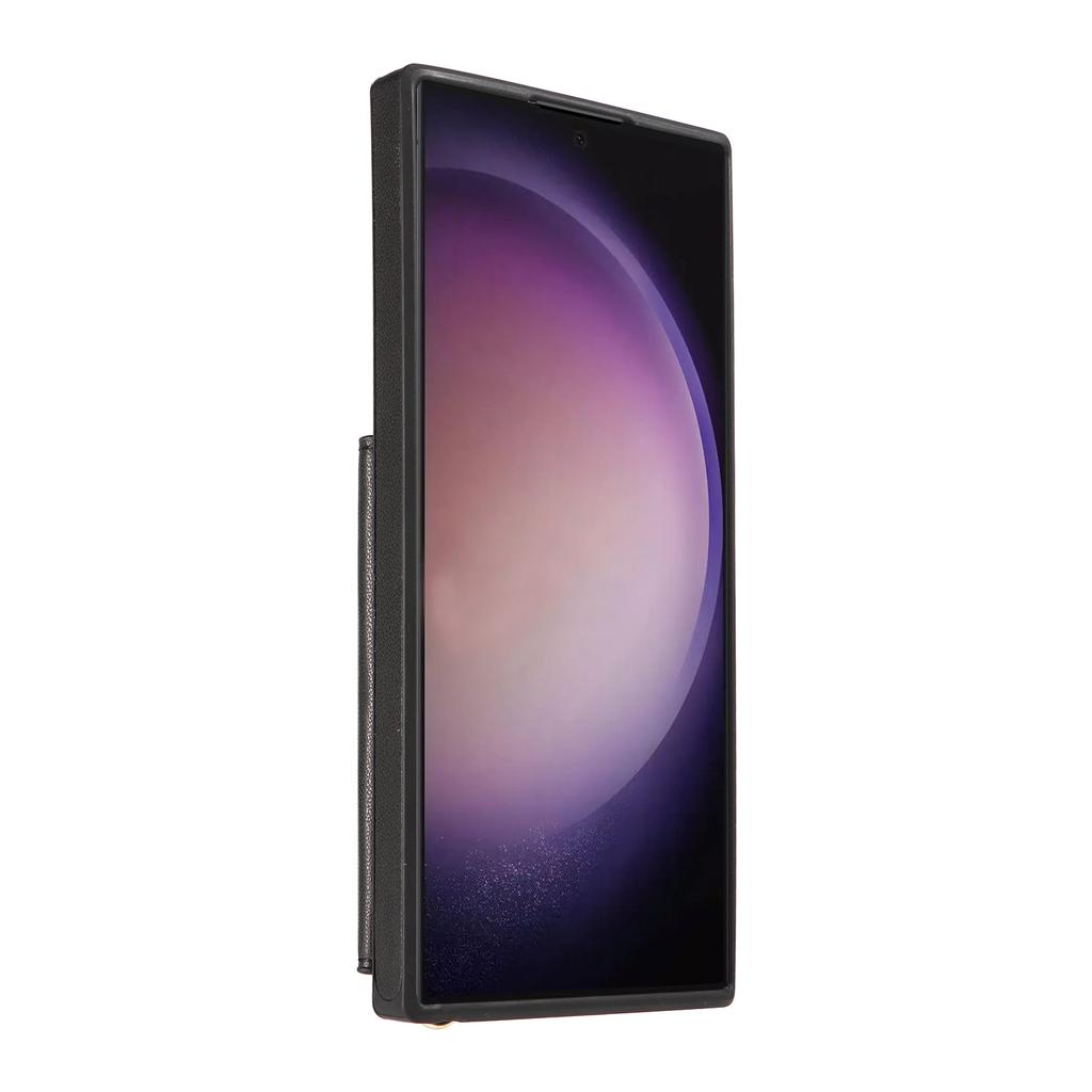 For Samsung Galaxy S24 Ultra Crossbody Phone Case Card Holder Kickstand Leather Coated TPU Mobile Cover