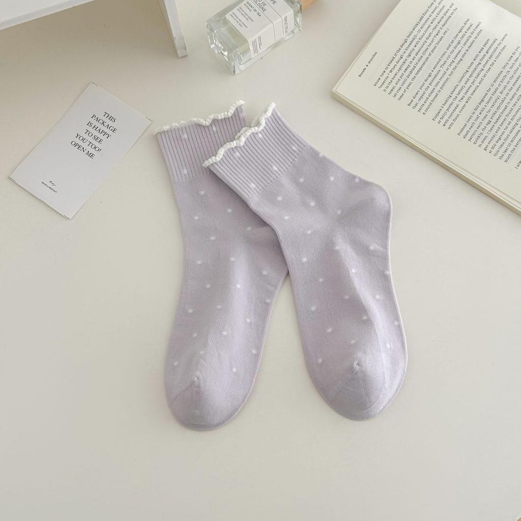 Black Ear-trimmed Socks for Women's Spring and Autumn: Simple and Versatile Boneless Mid-calf Socks, Sweet Polka Dot Socks with A School Style