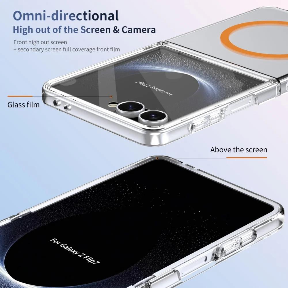 Luxury HD Clear Magsafe Magnetic Fold Phone Case for Samsung Galaxy Z Flip 7 6 5 4 with Screen Protector Wireless Charge Cover