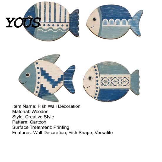 Rustic Wooden Wall Plaques 4PCS Fish Decoration, Mediterranean Style Hanging Plaques, Blue White Distressed Seaside Interior Accents Geometric Pattern