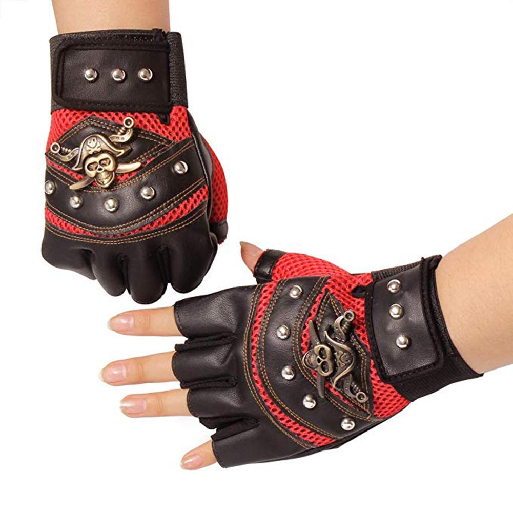 1 Paio Guanti Pirata Scheletro in Ecopelle Borchie Guanti Punk Mezza Dita Guanti da Uomo per Moto
