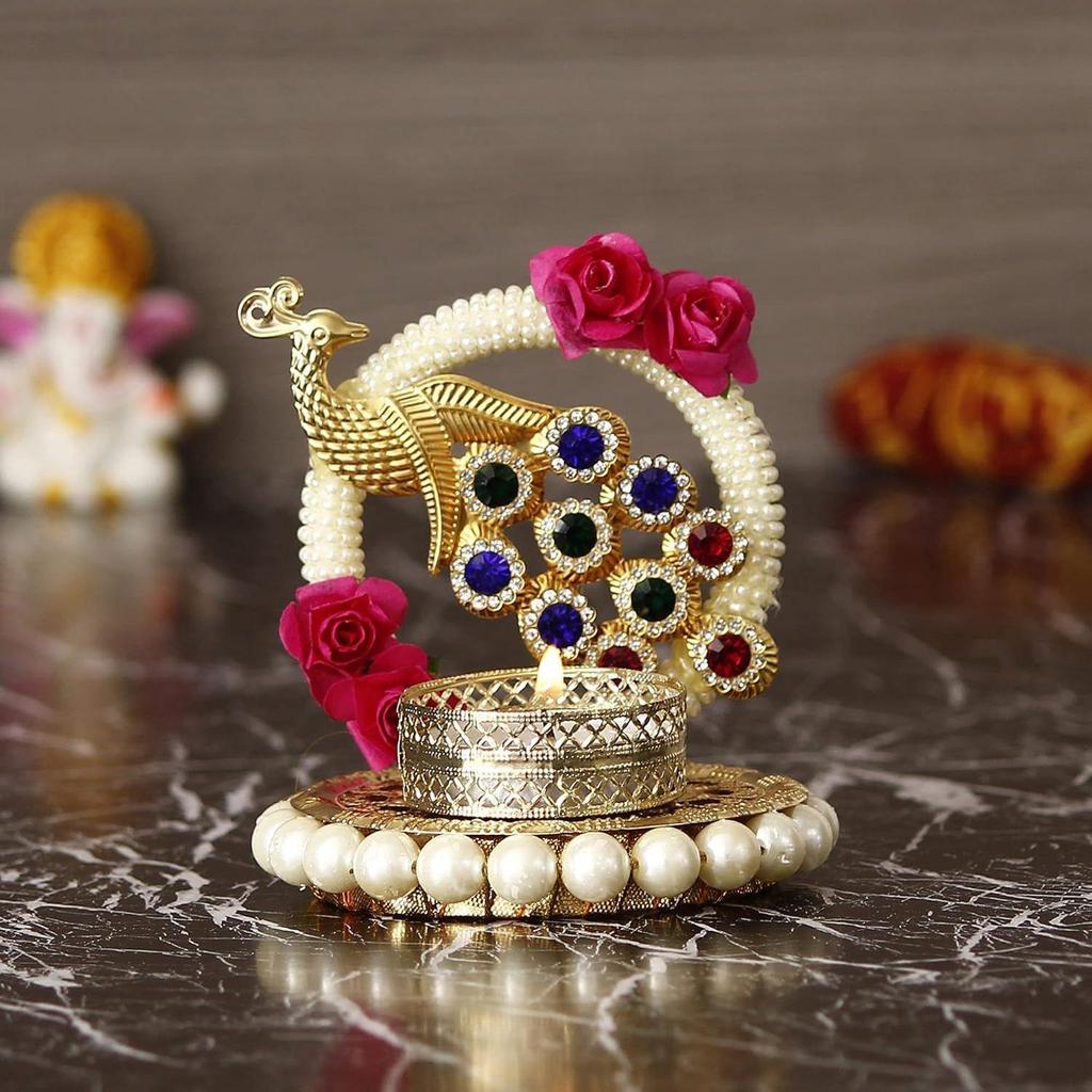Metal Peacock Floral Decorative Tea Light Candle Holder for Diwali, Navratri, Ganesh Chaturthi, Christmas, New Year