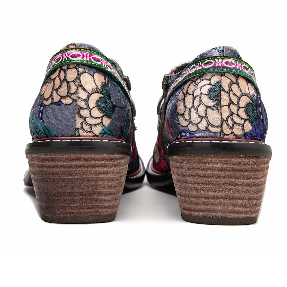 Johnature Handbemalte Echtleder-Pumps für Damen, Retro-Blume, bequeme Schuhe mit Blockabsatz