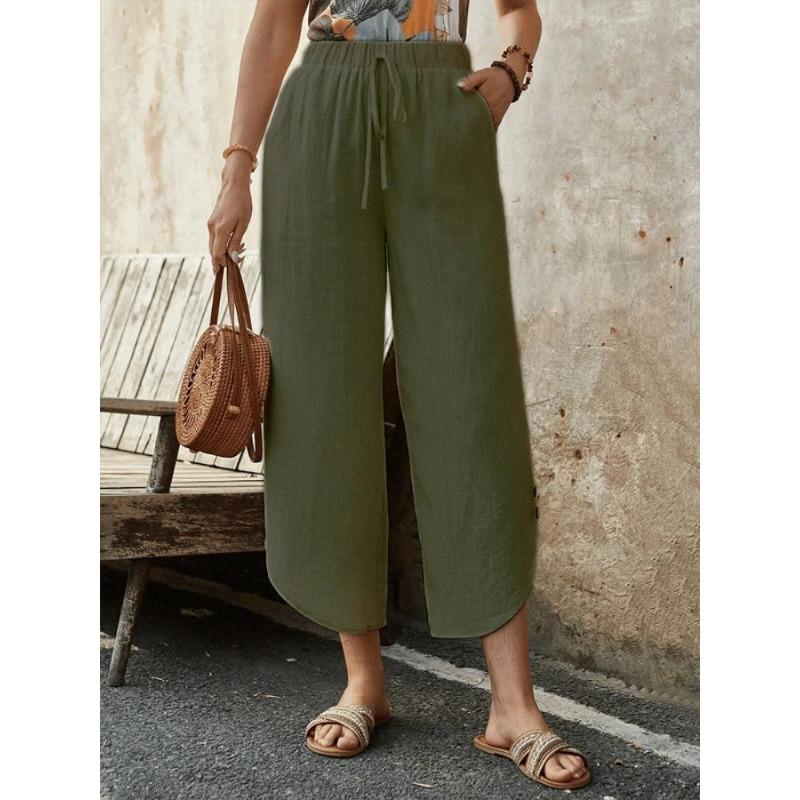New Cotton and Linen Drawstring Cropped Pants with Pockets for Women, Loose Fit