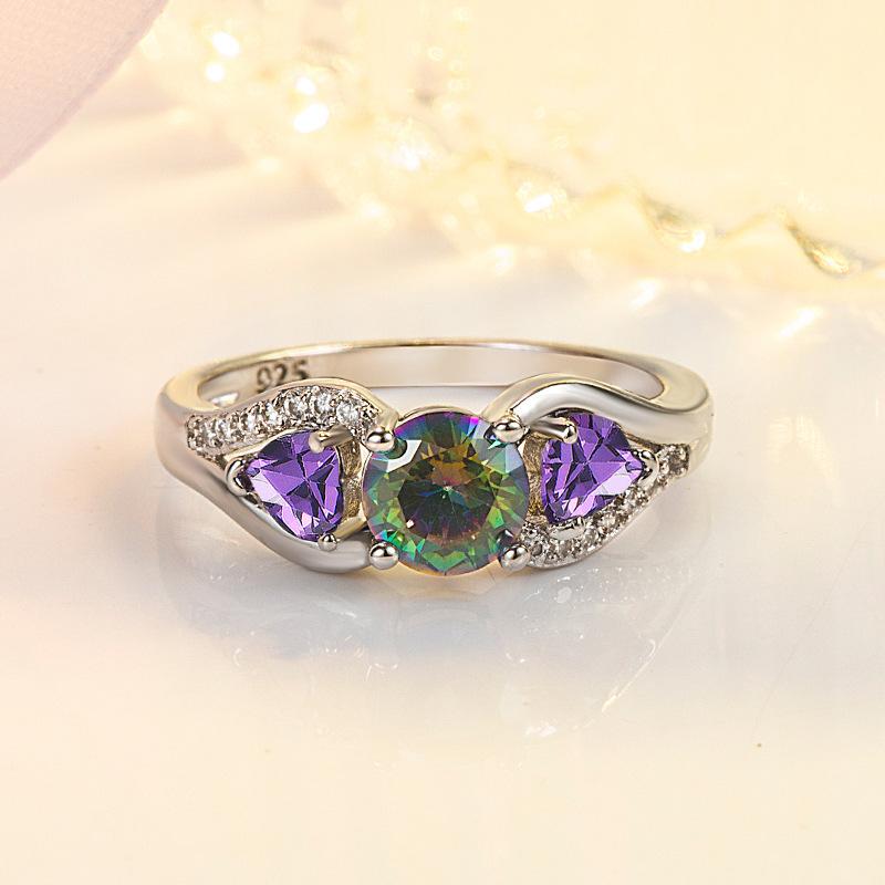 Double Heart-shaped Diamond Ring with Colorful Diamonds, Personalized and Fashionable Tree Vine Colorful Bead Diamond Ring