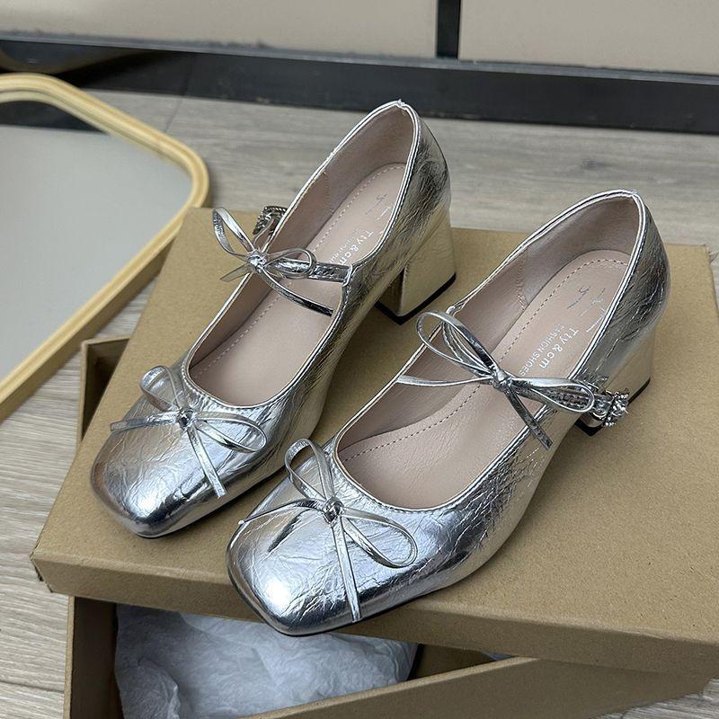 Fashion Versatile Thick Heels for Spring Autumn Not Tiring Feet Exquisite Mid Heeled Women's Shoes Casual Bow Elegant Square Toe Shoes