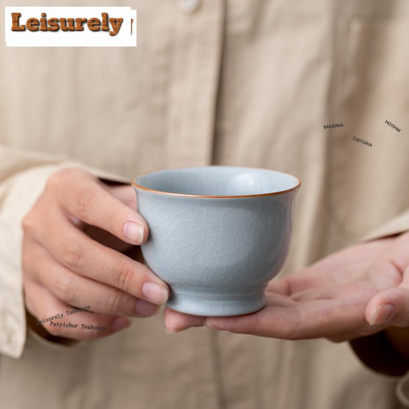HOYIHM Chinese Ru Kiln Porcelain Teacup Ice Cracked Glaze Tea Bowl Travel Meditation Tea Cup Customized Copper Cash Tea Set Gift