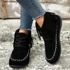 Fashion Women's Boots 2025 New Hot Sale Shoes for Women Lace Up Winter Round Toe Solid Flock Short Barrel Large Size Tassel Roman Boots