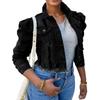2026 Damen Koreanisch-Europäischer Stil Denim Cropped Jacke mit Aufschlag Puffy Langen Ärmeln