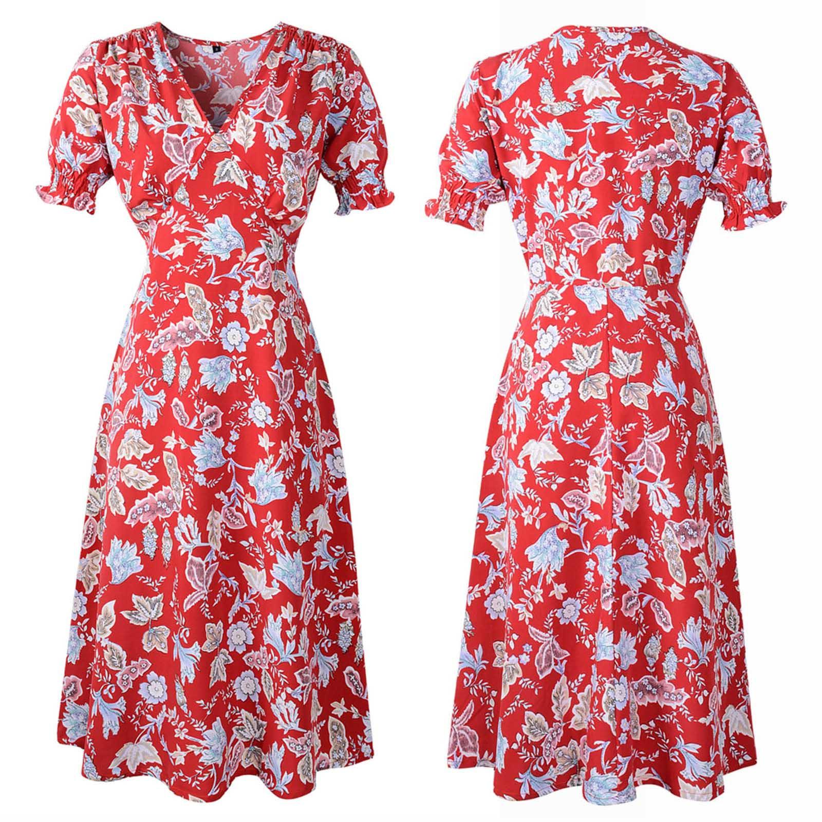 

Женское праздничное платье с V-образным вырезом и принтом, женское вечернее пляжное платье с коротким рукавом S красный