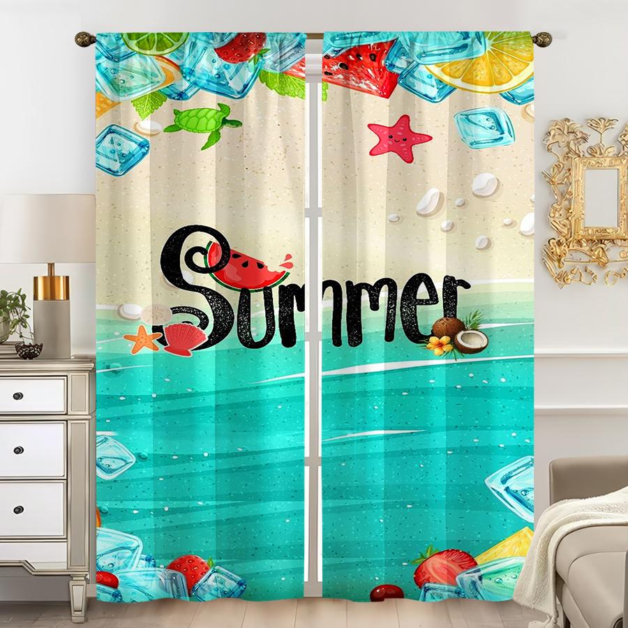 2PCS, Multicolor, Summer Beach and Tropical Fruit Print with Sea Creatures Curtains, for Bedroom and Living Room