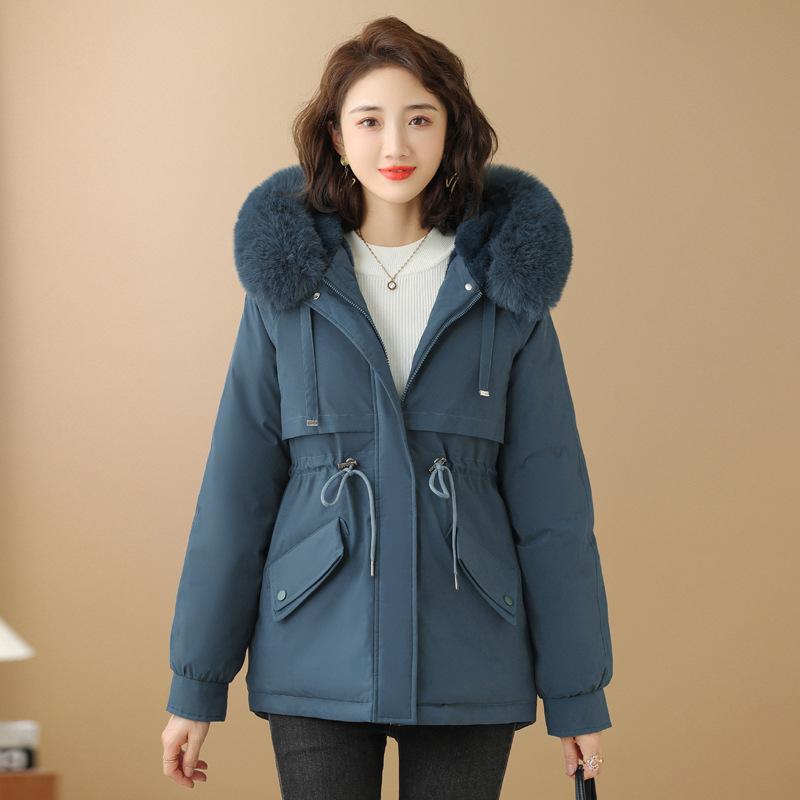 Autumn and winter women's hooded big fur collar pie to overcome waist and thin windproof cotton clothing supply