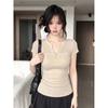 Spice girl style Henry collar short-sleeved T-shirt women's summer slim and thin design sense splicing niche waist front shoulder top