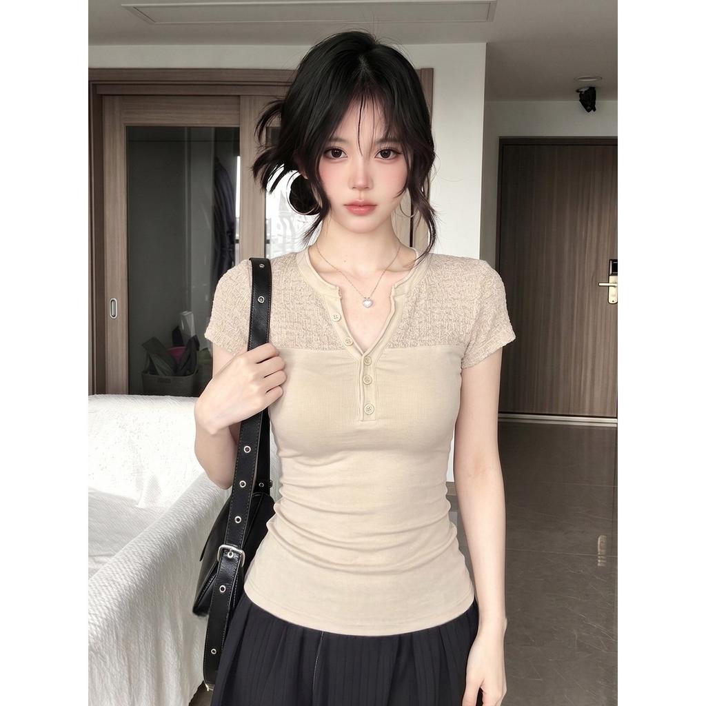 Spice girl style Henry collar short-sleeved T-shirt women's summer slim and thin design sense splicing niche waist front shoulder top