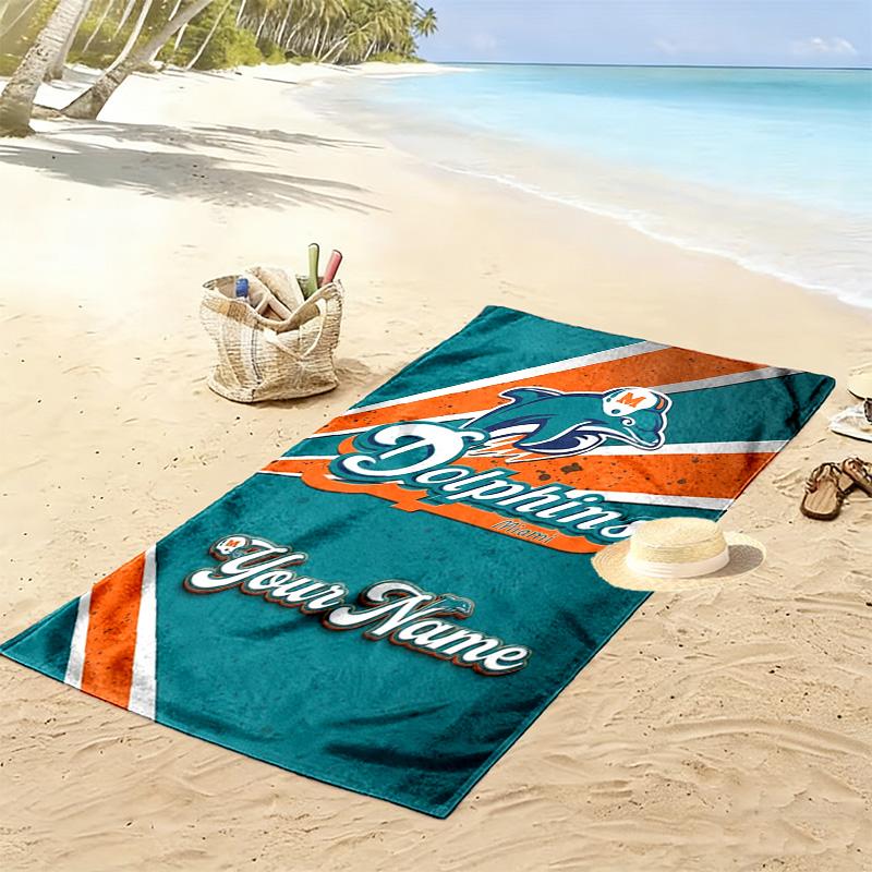 Name Custom Miami Dolphins Print Beach Towel, Large Soft Quick Dry Towel for Beach Camping Swimming