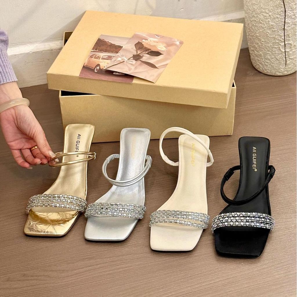Delicate Ernie! Temperament Square Head Rhinestone with Two Words, Wearing Slope Heel Sandals for Women's 2025 Summer Open-toed Sandals