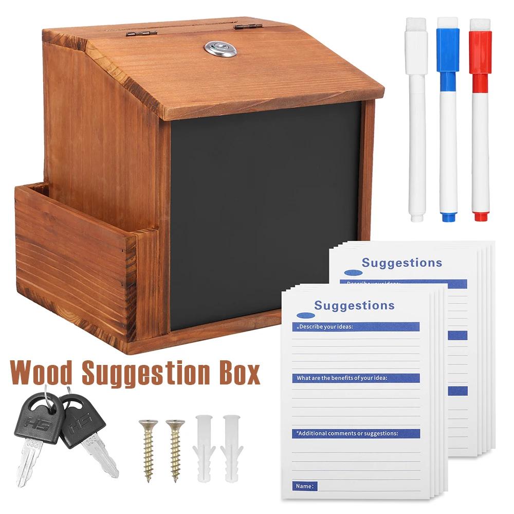 Wood Suggestion Box Wall-mounted Comment Box with Slot and 3 Erasable Pens Lockable Money Drop Box for Home Office Decoration