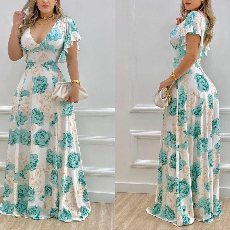 2026 Womens Floral Print V-Neck High-Waist A-Line Maxi Dress Office Date Elegant Chic