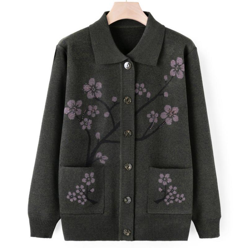 Medium Elderly Sweater Jacket Women's Autumn Mom Knitted Sweater Cardigan Top Grandma Casual Lapel Clothes