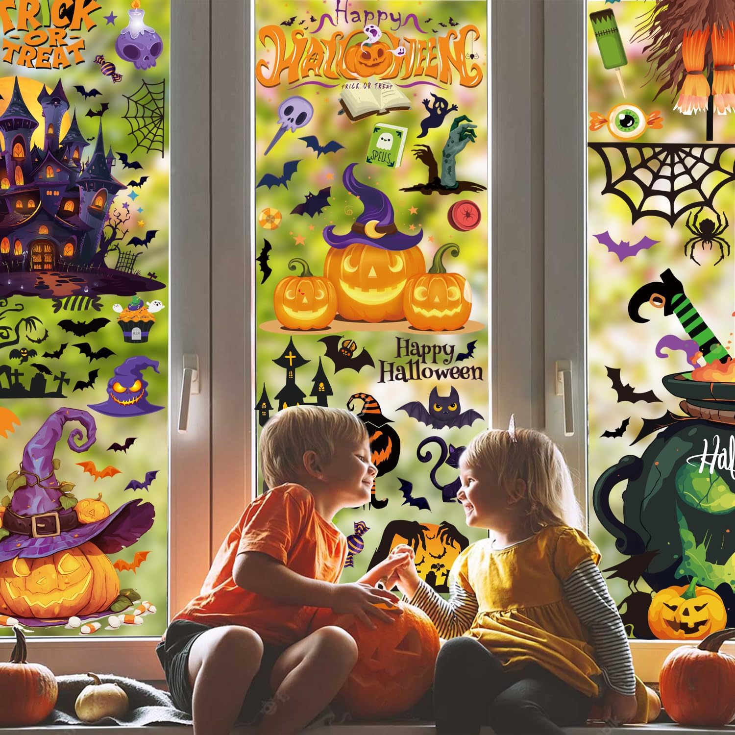 9 Sheets Halloween Window Clings Decals for Party Decoration, Reusable Double Side Halloween Window Stickers, Indoor & Outdoor Home Decor,Ghosts,