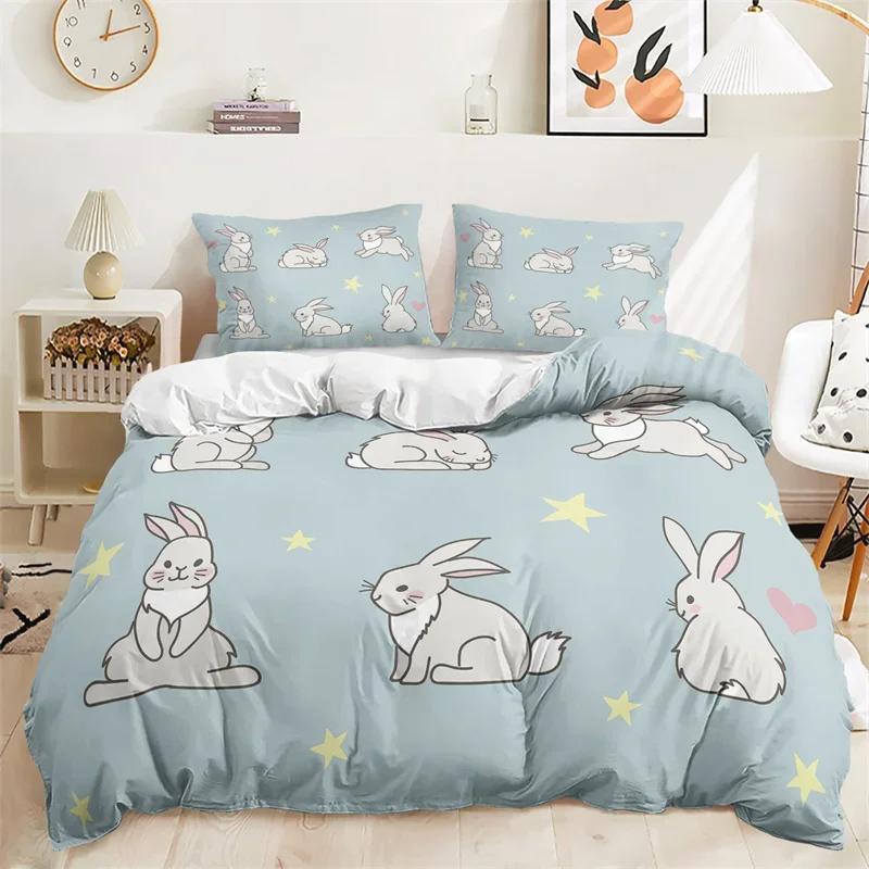 Cartoon Rabbit Duvet Cover Easter Bedding Set Animals Pattern Festival Celebrate Comforter Cover Set Twin For Girl Nursery Child