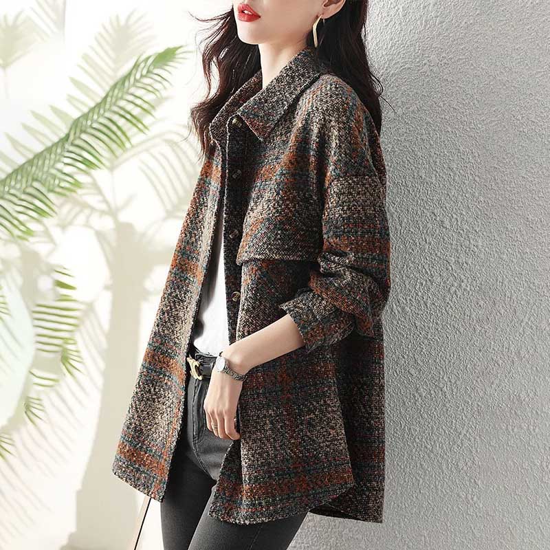 Shirt Coat for Women Casual Oversize Cardigan Double Layer Vintage Windbreaker Plaid Shirt Jacket