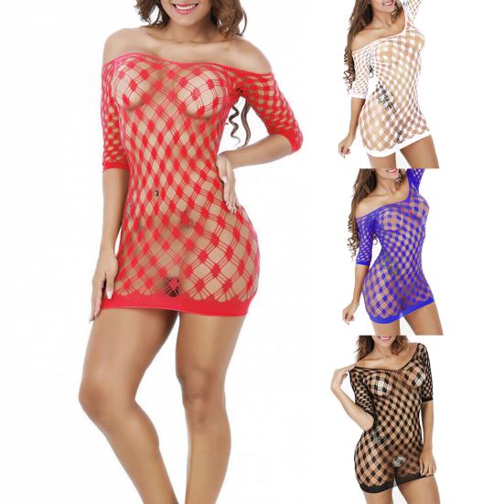 Sexy Women Off Shoulder Backless Fishnet Babydoll Sleepwear Bodycon Mini Dress
