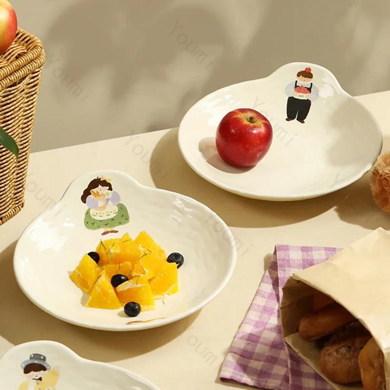 Cartoon Anime Circular Ceramic Plate High End Restaurant Afternoon Tea Fruit Dessert Plate Home Pasta Plates Exquisite Tableware