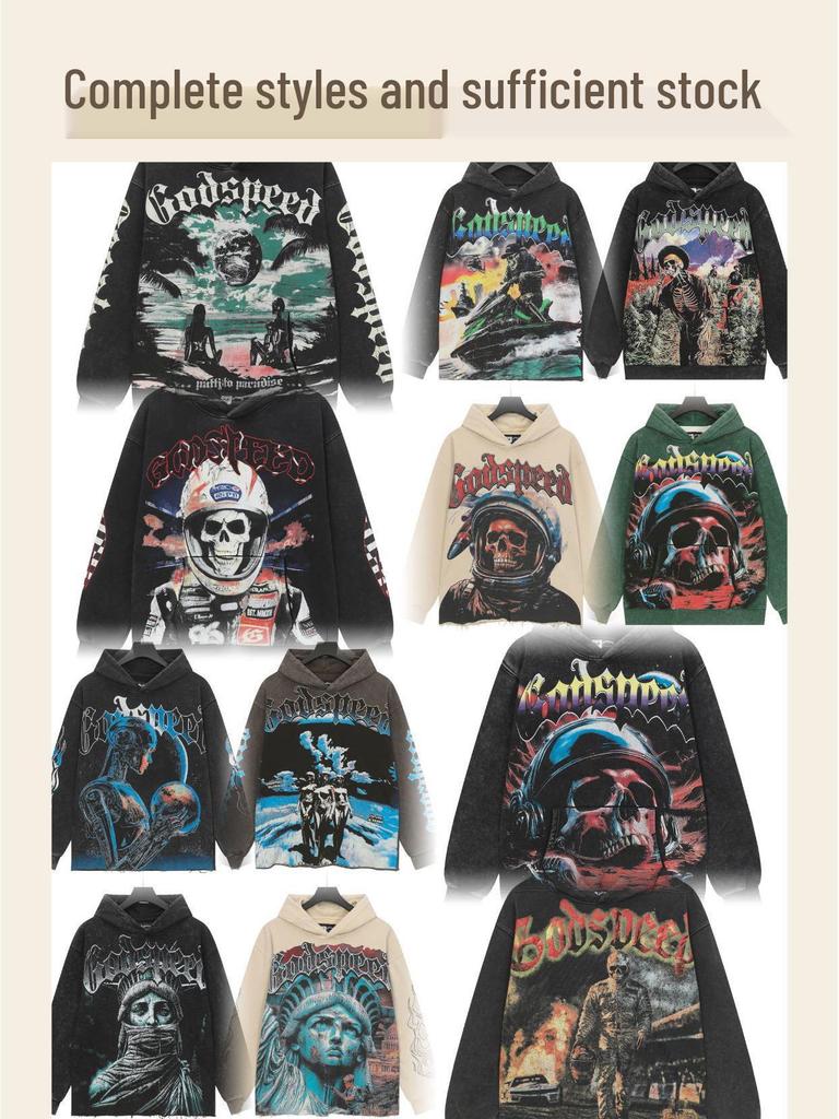 God Bless America Retro Rock Street Print Washed Hoodie - Casual Loose Fit