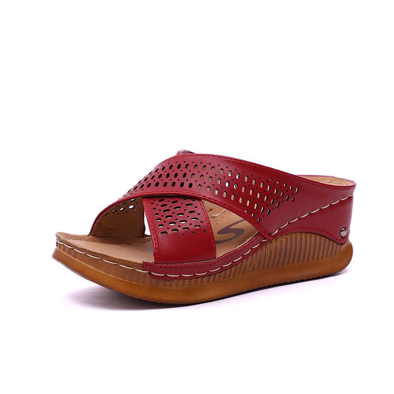 Foreign trade slippers spring and summer new thick-soled wedge heels middle-aged and elderly cool slippers women's hollowed-out large-size Roman wome