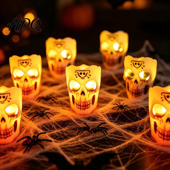 Horror Theme Room Accessories Halloween Flameless LED Candle Spooky Skull Pumpkin Fake Pillar Candles Battery Creative Gift for Lovers Operated
