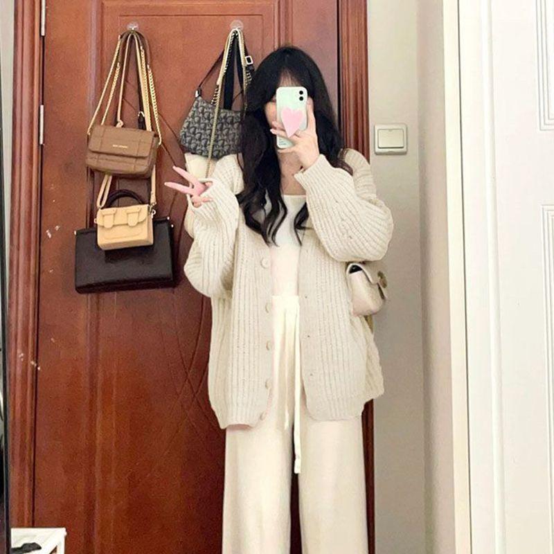 Sweet Pink Knitted Cardigan Sweater Women Korean Long Sleeve V Neck Cardogans Woman Wild Button Up Jumper Coat Female