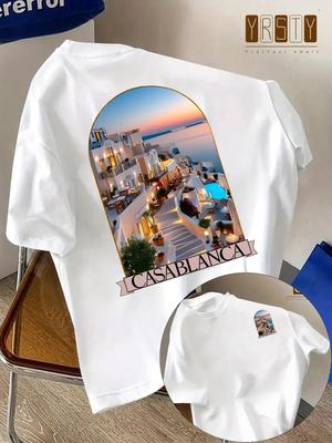 New Trendy Summer Unisex Tshirt with Greek Island Coast Scenery Pattern Comfortable Loose Fit 100 Pure Cotton Suitable Daily Wear