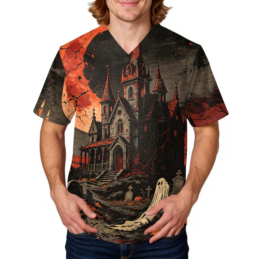 Men's Halloween Print Scrub Top Short Sleeve for Work Uniform
