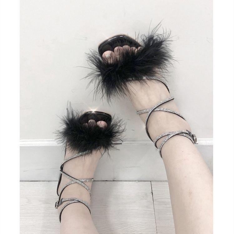 

Босоножки на высоком каблуке с перьями страуса, женские дизайнерские туфли для вечеринок и танцев, летние шлепанцы, женская обувь 39