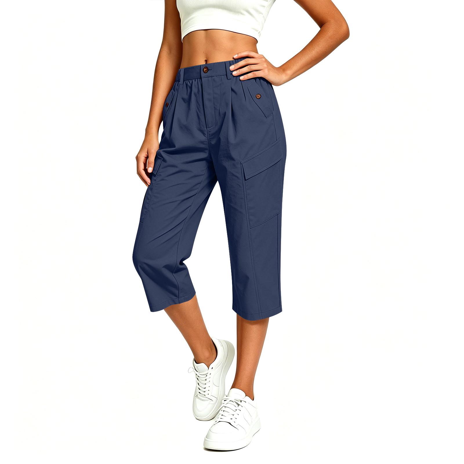 

Women’s Relaxed Fit Capri Pants with Elastic Waistband and Multiple Pockets for Casual Outdoor Activities XL Темно-синій