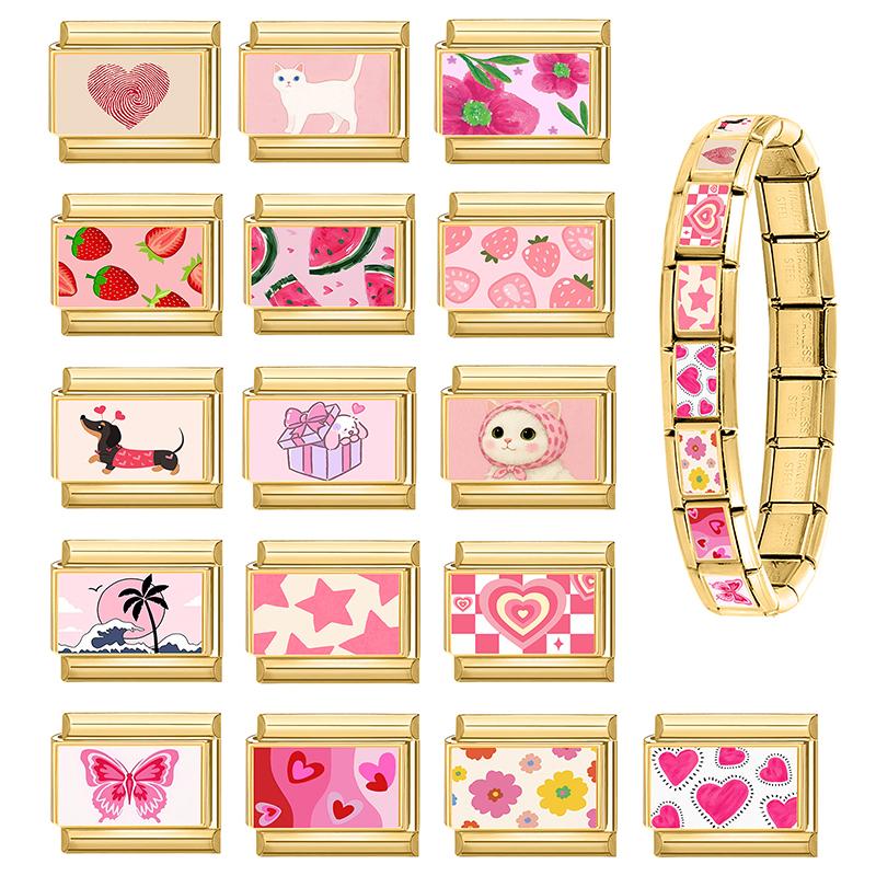 Vintage Pink Strawberry Watermelon Cat Dog Star Butterfly Golden Charm Links 9MM Stainless Steel Bracelet DIY Making Jewelry