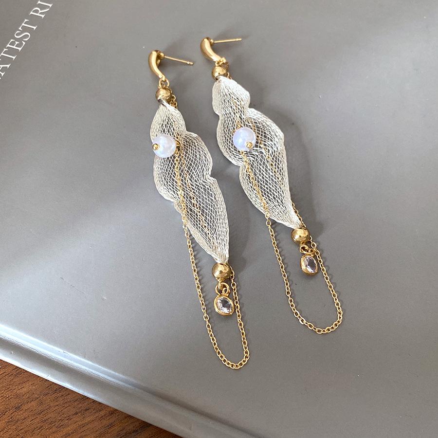 

Silver needle mesh long fringe pendant earrings light luxury high-end earrings women s fashion temperament earrings design sense niche