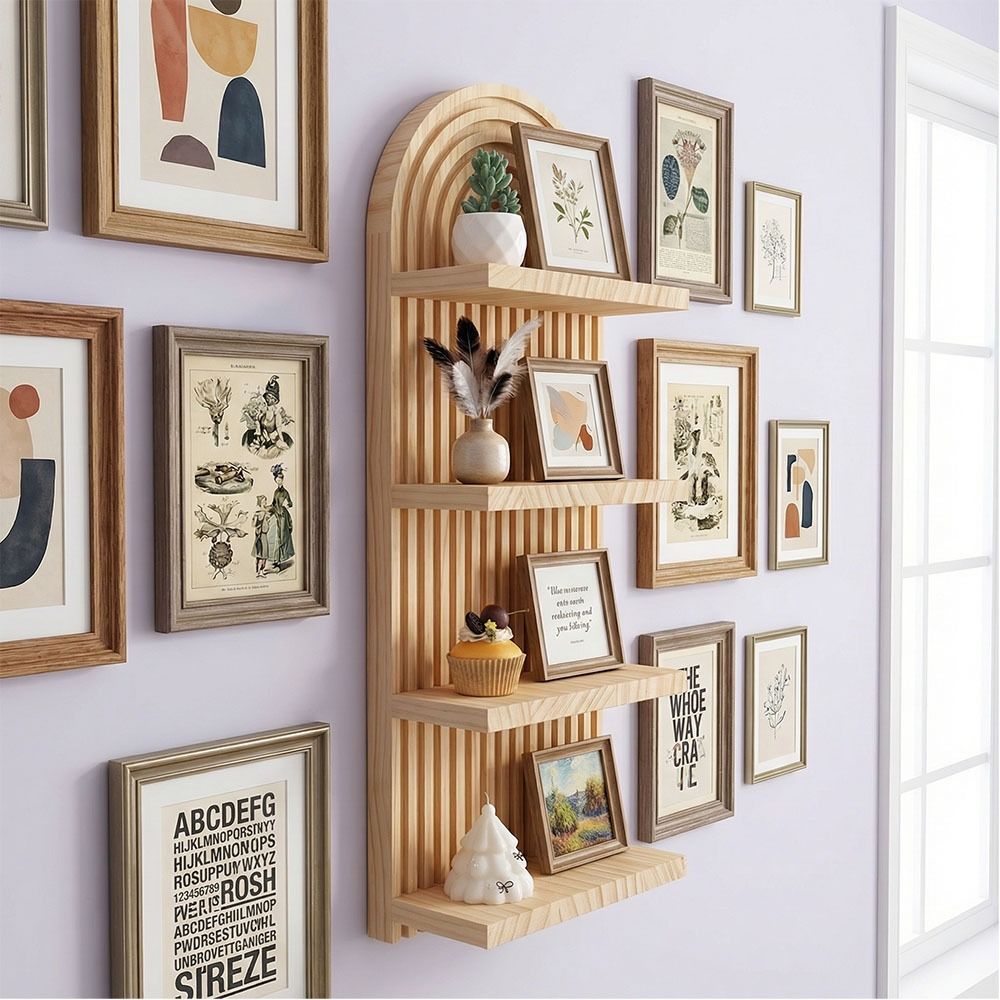 Minimalist Wooden Wall Shelves 4-Tier Design Boho Style Rack Wall Mounted Shelf  Wall Decoration