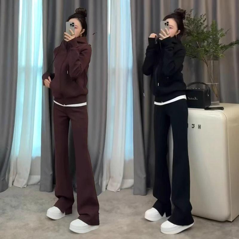 Stylish Plus Size Women's Sportswear: Hooded Jacket & Wide-Leg Pants Set for Spring & Autumn (300 Jin)
