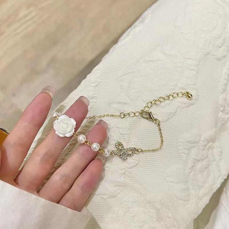 Perla Jemná Kamélie Otevírací Nastavitelný Prsten Náramek Náhrdelník Vintage Pro Ženy Dívka Řetízek na Ruku Luxusní Šperky Doplňky