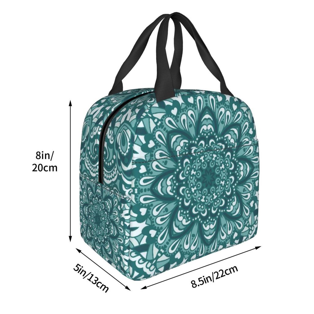 Cyan Boho Mandala Floral Print Lunch Bags Insulated Bento Box Lunch Tote Leakproof Picnic Bags Thermal Bag for Woman Girl School